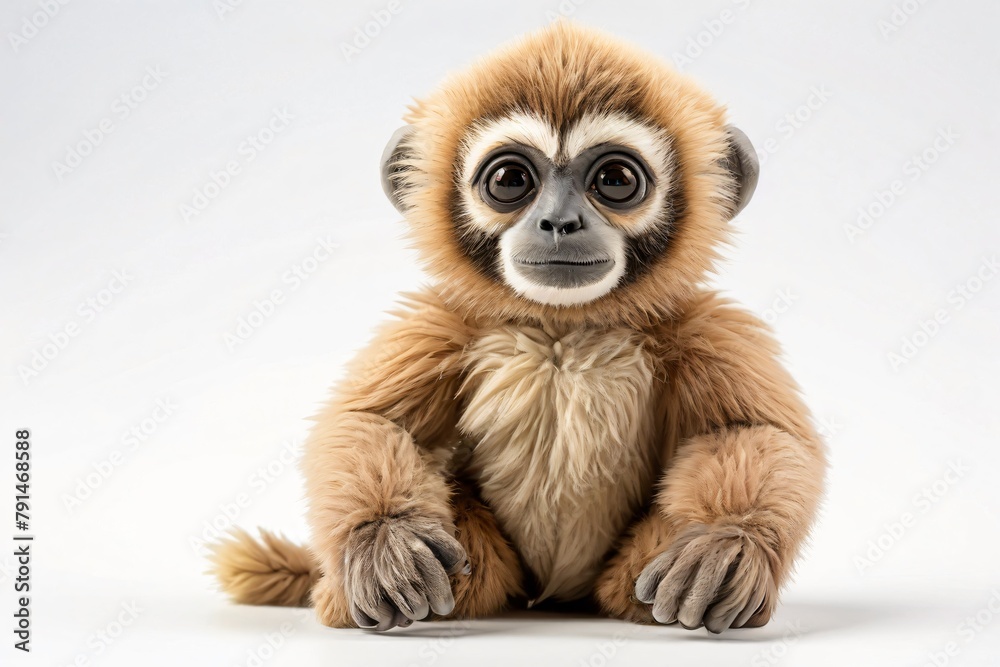 Adorable gibbon stuffed toy sitting, isolated on white background, 3D rendering Adorable gibbon stuffed toy sitting, isolated on white background, 3D rendering