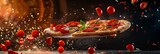 A tantalizing image capturing a hot pizza seeming to levitate with ingredients scattered around in mid-air
