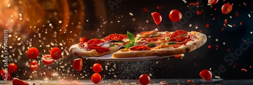 A tantalizing image capturing a hot pizza seeming to levitate with ingredients scattered around in mid-air