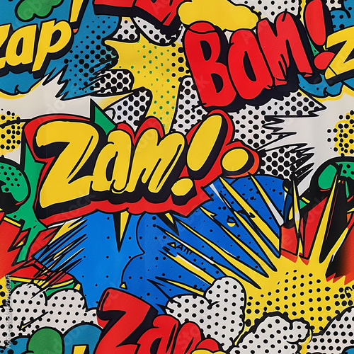 Pop art comic book explosion pattern with bold sound effects