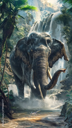 The image depicts a powerful elephant making its way through a lush, mystical forest, giving off a sense of adventure and natural beauty
