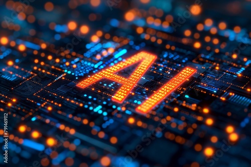 Digital AI core with glowing orange and blue lights on a circuit board
