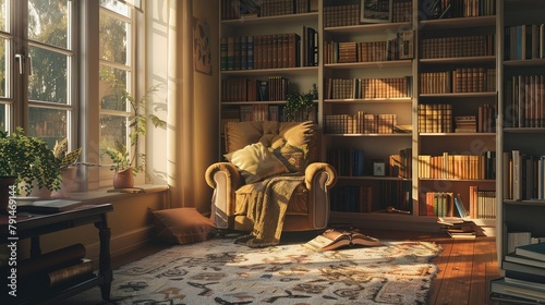 A cozy reading nook tucked away in a sunlit corner, with a plush armchair and floor-to-ceiling bookshelves overflowing with literary treasures,  photo