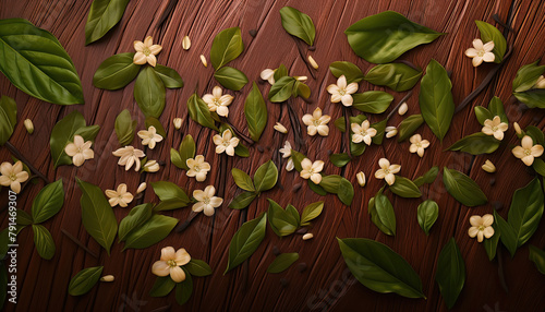 Vanilla leaf branch and flowers. Horizontal background for design, banner. Front view. Sunlight.  photo