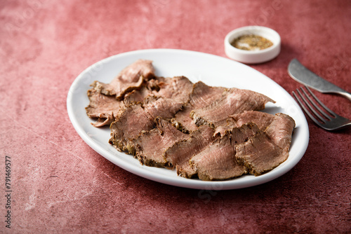 Traditional homemade roast beef on a plate