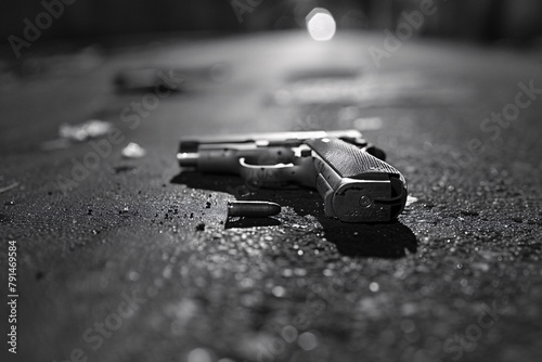 A handgun lies on a textured surface in monochrome, suggesting themes of violence or crime photo