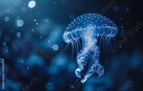 A jellyfish with white dots glowing in the dark blue ocean