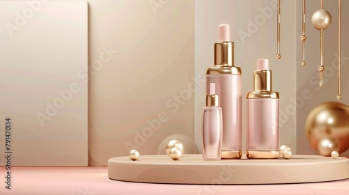 Realistic 3D modern illustration of cosmetic bottles on podium mock up banner, beauty skin care cosmetic tubes on hemisphere shape stage, and product ads presented on showroom platform with gold