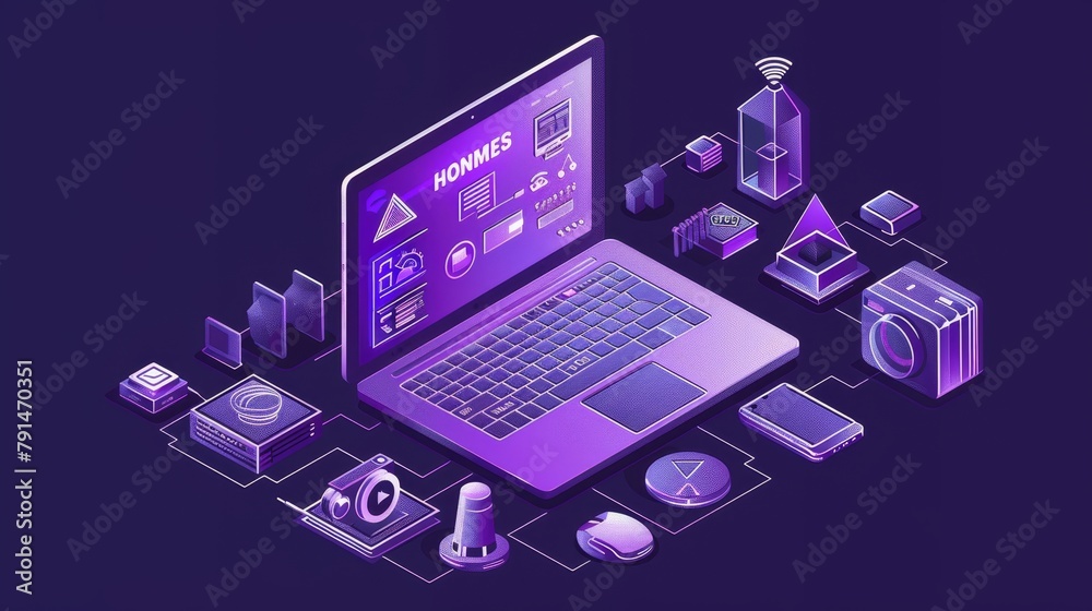 Internet of things isometric web banner with laptop, smart house equipment, camera, and IoT technology. 3D modern illustration, line art, landing page.