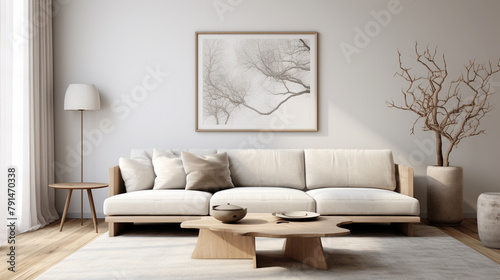 Clean lines and natural textures define this Scandinavian living room, featuring a cozy sofa, sleek coffee table, and an empty wall space ready for customized decor in a minimalist ambiance. © NUSRAT ART