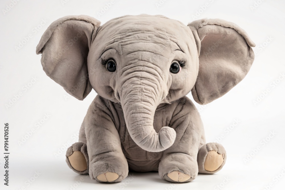 Realistic cute elephant stuffed toy sitting, isolated on white background, 3D rendering