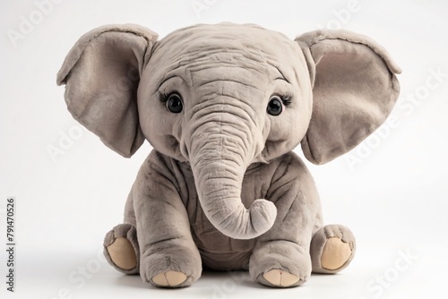 Realistic cute elephant stuffed toy sitting, isolated on white background, 3D rendering