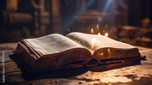 An Antique Book Opened on a Wooden Table Illuminated by Soft Glowing Light