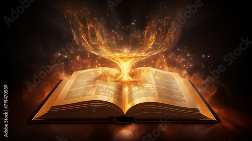An open book radiating a magical glow with sparkling golden particles against a dark backdrop