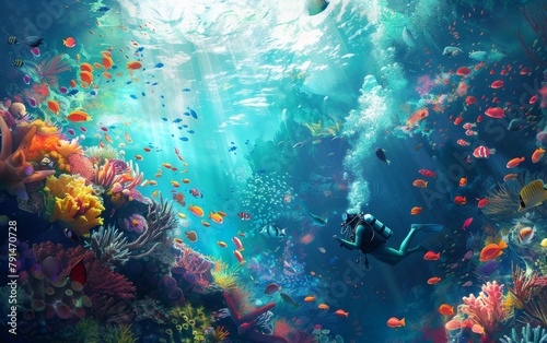 Scuba divers explore coral reefs 