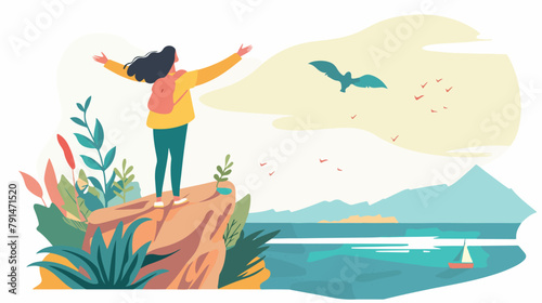 Happy free woman rejoicing on top edge of mountain 