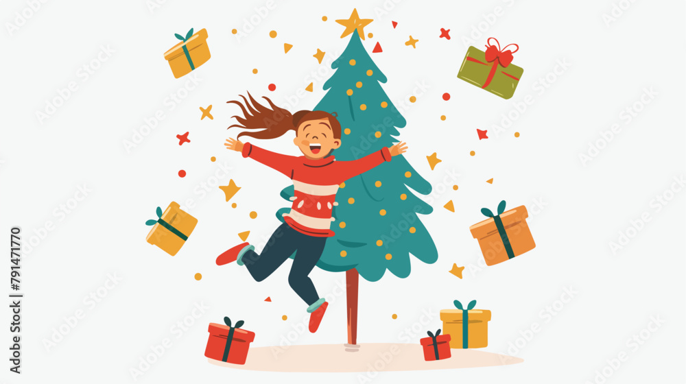 Happy girl jumping for joy near the christmas tree