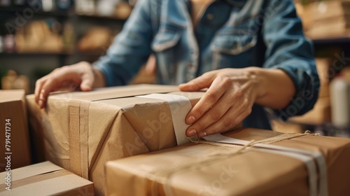 Close-up of a warehouse worker's hands carefully preparing and organizing cardboard packages for dispatch.