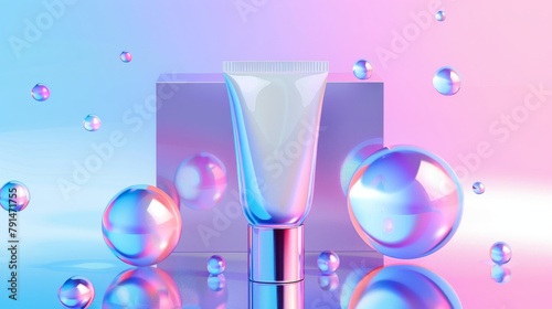 This is a skin care cosmetic product with holographic 3D geometric shapes, circles and silver rings. Modern poster of a face cream or gel in a blank white tube with holographic geometric shapes. photo