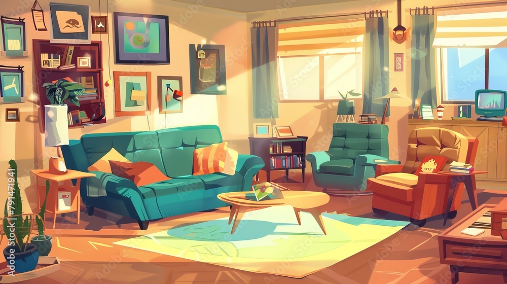 This cartoon illustration depicts the interior of an old-fashioned living room with an old sofa and pillows, coffee table, and armchairs. Cozy apartment with couch, rug, pictures on the wall, and an This cartoon illustration depicts the interior of an old-fashioned living room with an old sofa and pillows, coffee table, and armchairs. Cozy apartment with couch, rug, pictures on the wall, and an