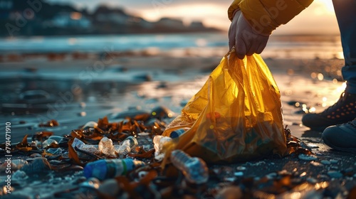 An individual participates in a beach cleanup, collecting scattered plastic waste into a yellow bag during sunset, contributing to the fight against ocean pollution.