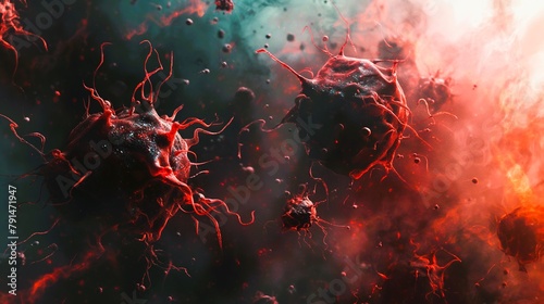 A 3d microscopic view of cancer cells dividing and multiplying uncontrollably, with a dark and ominous background representing the seriousness of the disease. generative ai illustration. photo