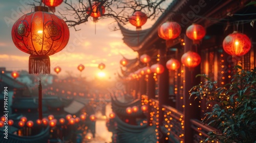 Bright festive lanterns strung up close up