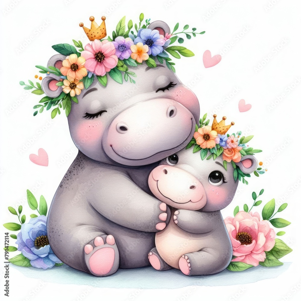 Hippopotamus Mom and Baby ,Watercolor Mother's Day Clip Art, Greeting Art Cute Cartoon Character Illustration Design Isolated on White Background Hippopotamus Mom and Baby ,Watercolor Mother's Day Clip Art, Greeting Art Cute Cartoon Character Illustration Design Isolated on White Background