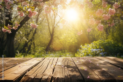 An empty wooden table in springtime in sunny rays.