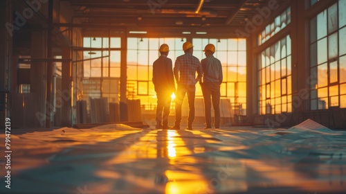 The golden sunset light streams across architectural blueprints spread out on the floor of a construction site with workers' silhouettes in the background.