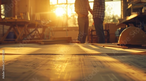 The golden sunset light streams across architectural blueprints spread out on the floor of a construction site with workers' silhouettes in the background.