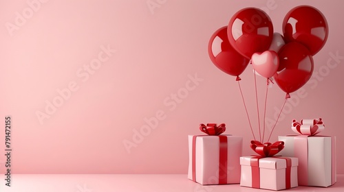 Red balloons and presents on a pink background. © Nikolay