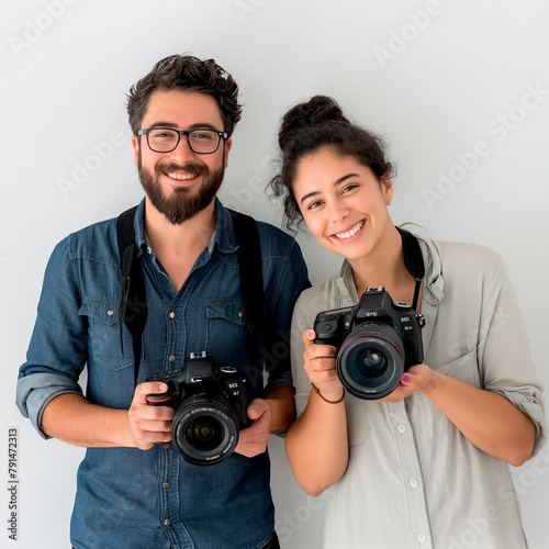 Focus on Photography: Joyful Woman and Man with Cameras on White photo