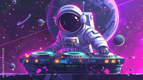 The cartoon flyers illustrate a space party with a DJ in open space, a spaceman mixing techno sounds, cosmos, galaxy posters, free drinks, and parking.