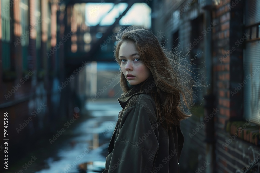 Mysterious young woman in urban setting, her gaze inviting contemplation, evoking a narrative of city life.

