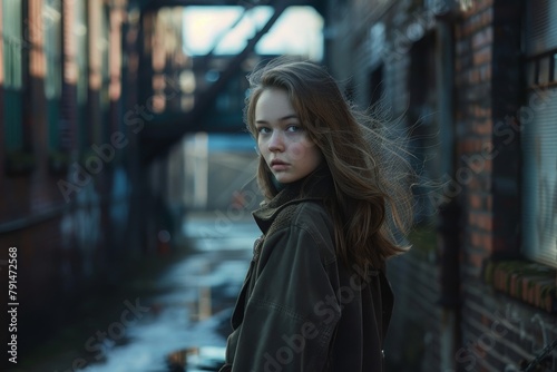 Mysterious young woman in urban setting, her gaze inviting contemplation, evoking a narrative of city life.