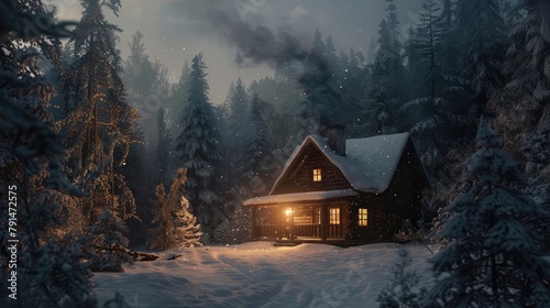 A cozy cabin nestled in a snow-dusted forest, smoke curling lazily from the chimney into the crisp winter air. Soft lamplight spills from the windows, casting a welcoming glow upon the tranquil scene. © Manzoor