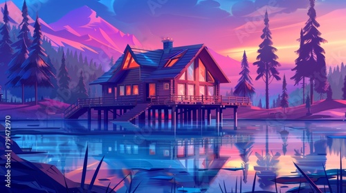 The cottage is located at the mountain lake in forest, with a pier at the pond, surrounded by sunrise scenery landscape. Luxury wood home with terrace, eco dwelling, hotel, game background, cartoon