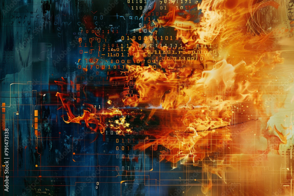 An abstract composition resembling a burning firewall, with flames composed of lines of code and digital debris. 