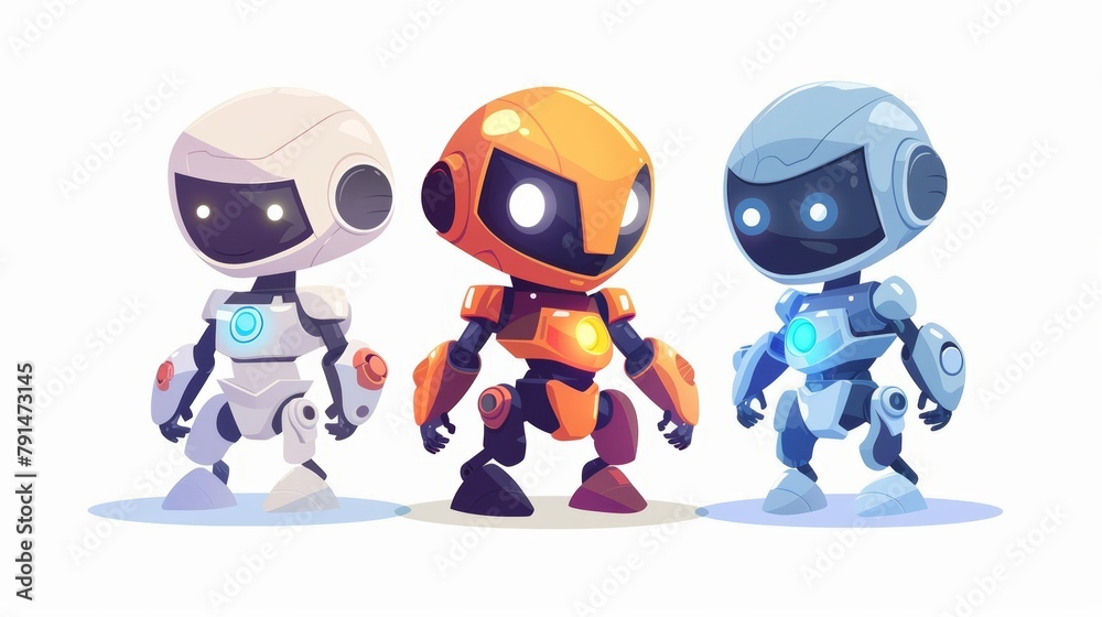 Artificial intelligence posters with cute robots. Intelligent robots in science and business. Modern cartoon illustration with futuristic bots.
