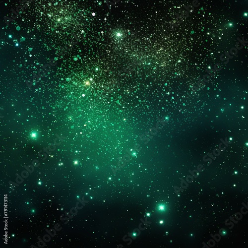 Green glitter texture background with dark shadows, glowing stars, and subtle sparkles with copy space for photo text or product, blank empty copyspace
