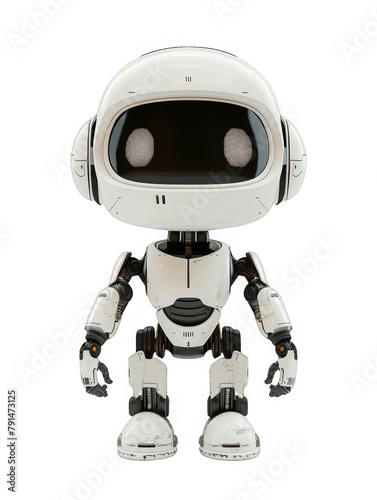 A robot with a white body and black eyes stands on a white background
