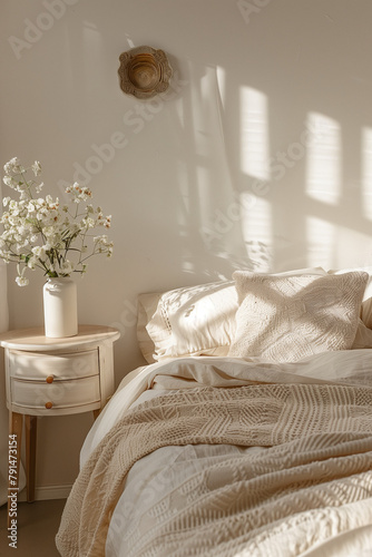 **a bed made up with white duvets and pillows, in the style of muted tonality, rounded forms, back button focus, light brown, fujifilm pro 400h, muted hues, cottagecore photo