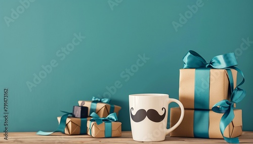 Fathers Day Celebration Concept with Mustache Mug and Gifts