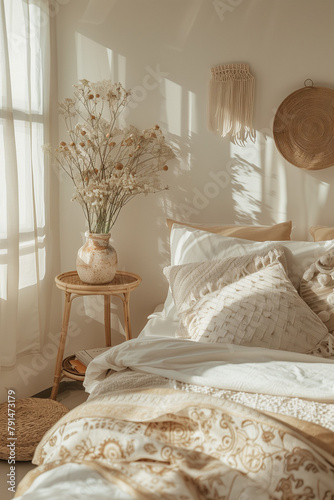 **a bed made up with white duvets and pillows, in the style of muted tonality, rounded forms, back button focus, light brown, fujifilm pro 400h, muted hues, cottagecore photo