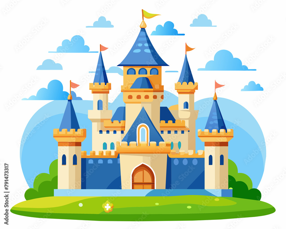 Fairytale castle with a blue roof. Vector style