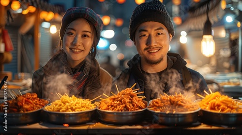 Couple trying spicy street food for the first time in Seoul, South Korea.