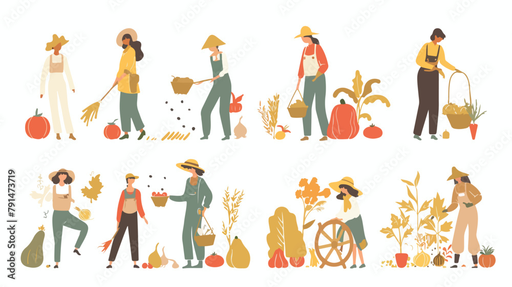 Autumn harvesting flat vector illustrations set. Farm