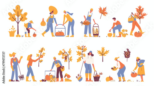 Autumn harvesting flat vector illustrations set. Farm