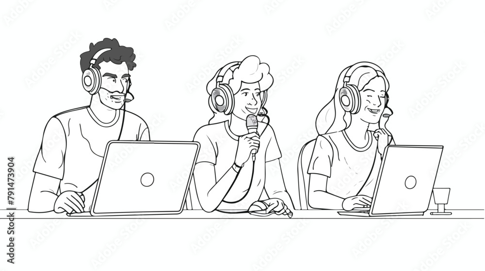 Happy online consultants wearing headphones with microphone